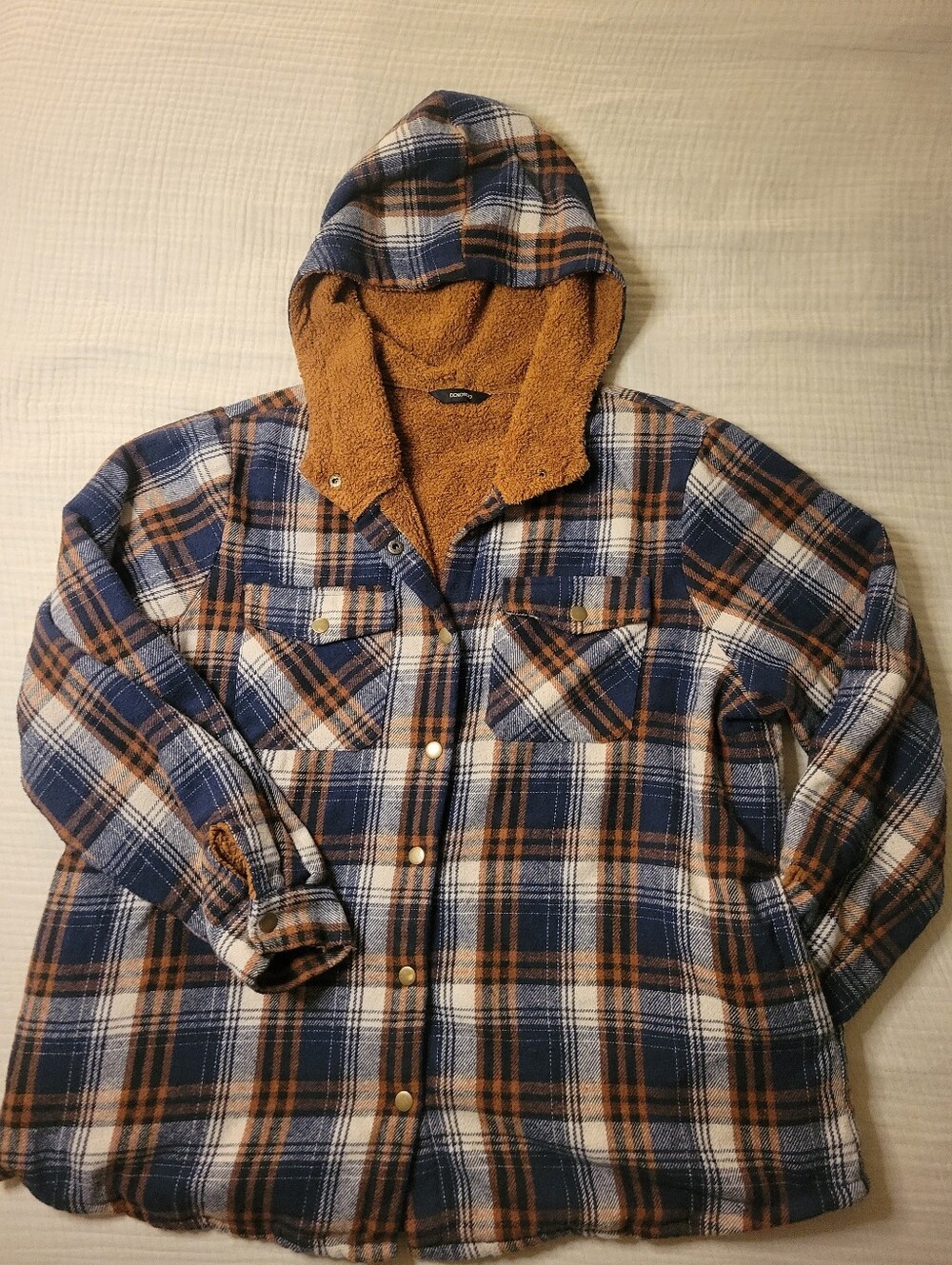 Hooded Plaid Sherpa-Lined Jacket - Blue & Brown